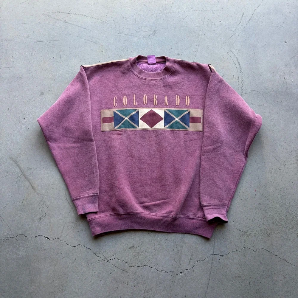 Vintage Colorado Graphic Sweatshirt Mens XL Heavyweight Cotton Plum Geometric